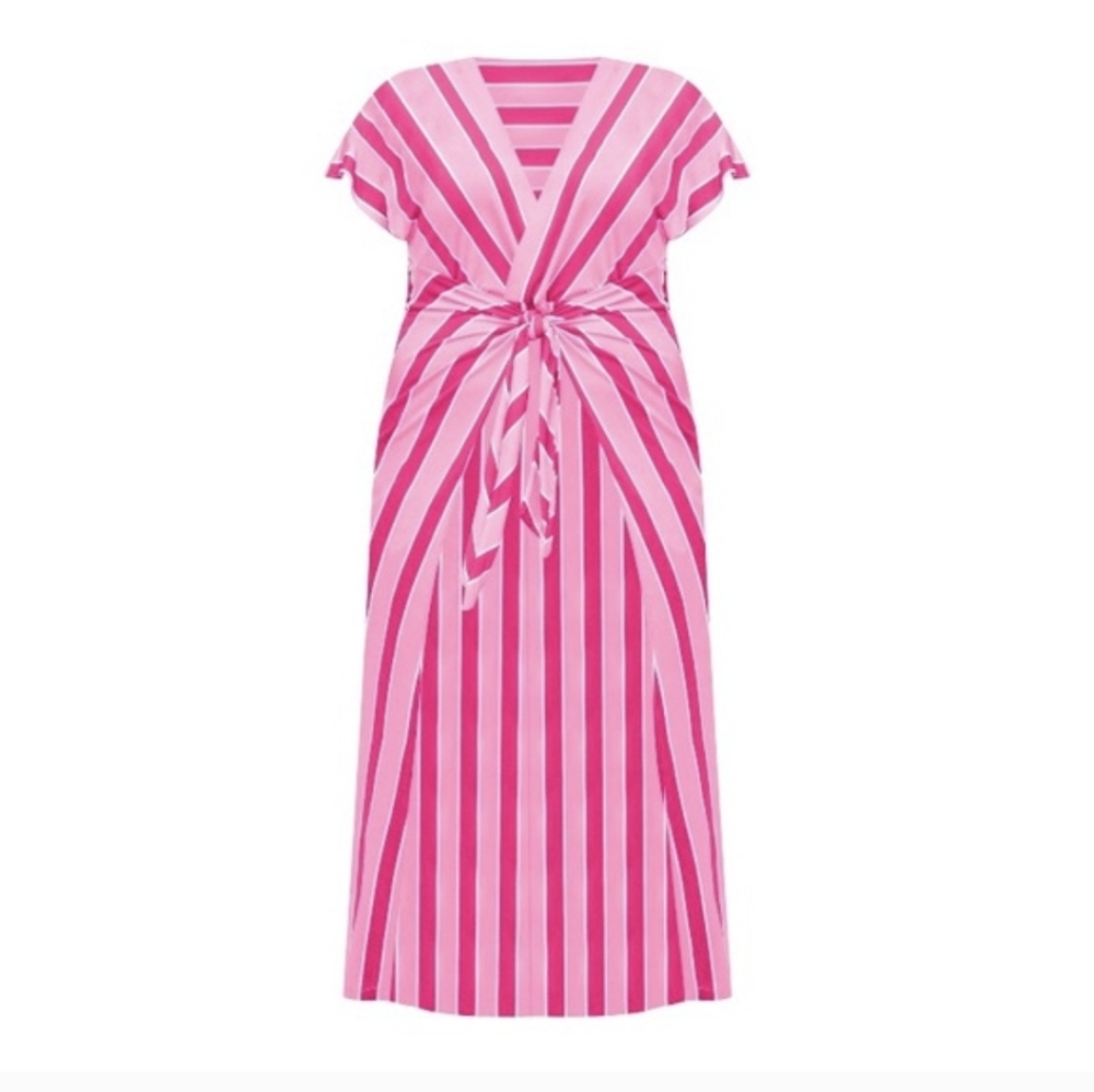 Eloquii Pink Striped Twist-Front Midi Dress - Picture 2 of 6